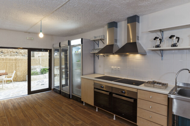 shared kitchen with terrace in alternative travel concept accommodation in rhodes