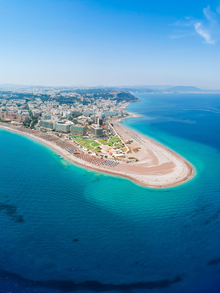 drone view of rhodes town, elli beach, aquarium, rodos casino, best hotels of rhodes and mountains of rhodes island